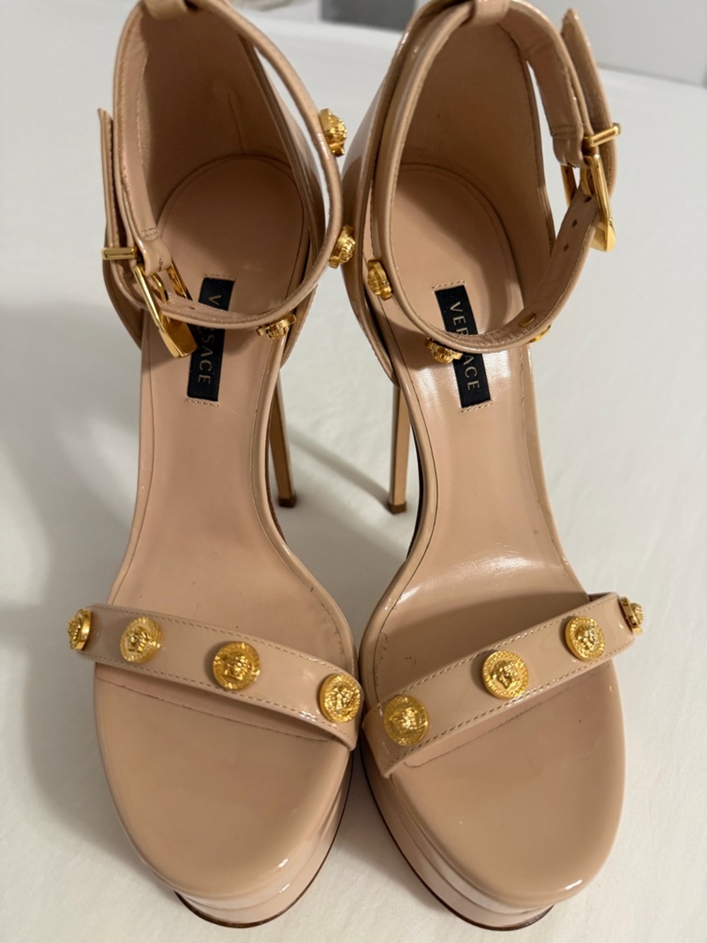 Versace Beige Patent Leather Stiletto Sandals with Gold Medallions